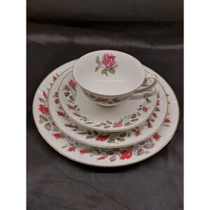 Vintage Moss Rose 4 pc Set~Diamond China Teacup, Saucer, Dessert&Luncheon Plate